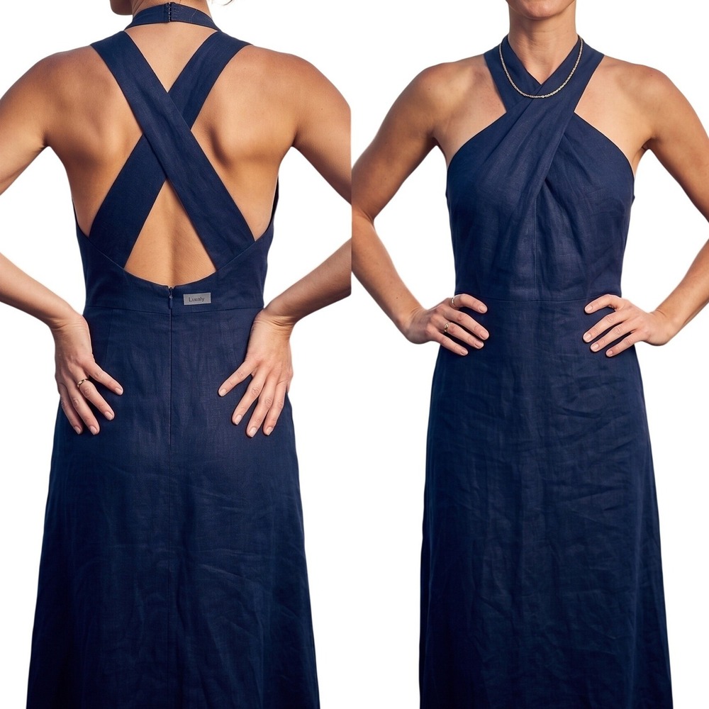 Luxely Navy Blue Linen Maxi Dress Sleeveless Cross Back Y10013M New